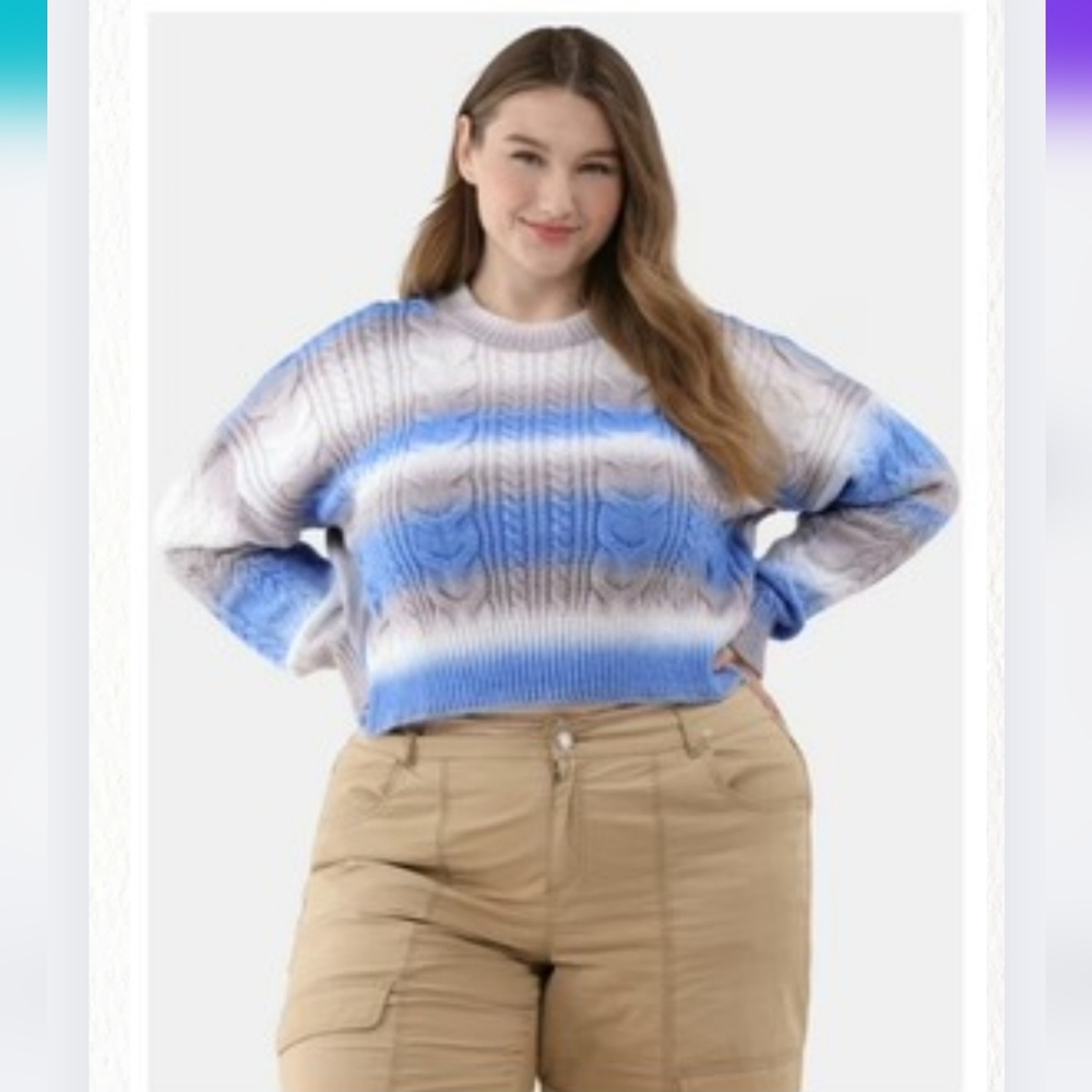 No Boundaries 2X 20W Ombre Blue White Cable Knit Sweater Cozy Soft Cb-3183
